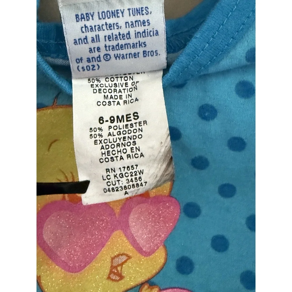 VTG Looney Tunes Baby Tweety Bird Blue Polka Dots Girls SZ 6-9 Mths‎